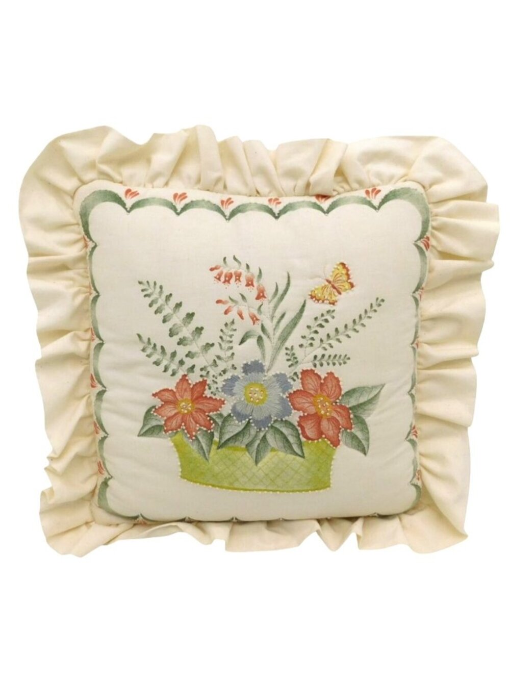 Vintage Floral Basket Throw Pillow 14x14 Ruffled Cottagecore Country Decor